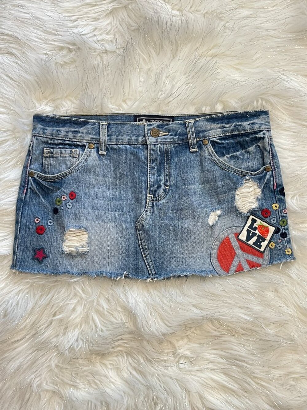 Victoria's Secret PINK Denim Mini Skirt Y2K Embroidery Patches Piece Love 4